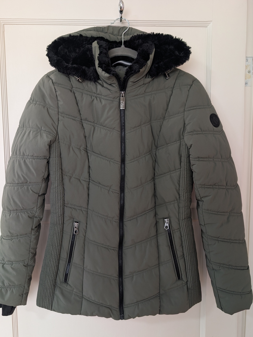 Nautica Olive Green Quilted Puffer Jacket with Black Faux Fur Hood